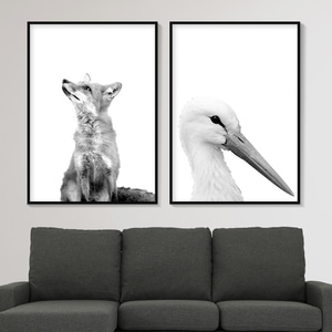 흑백 동물액자 여우/백로 인테리어 포스터
